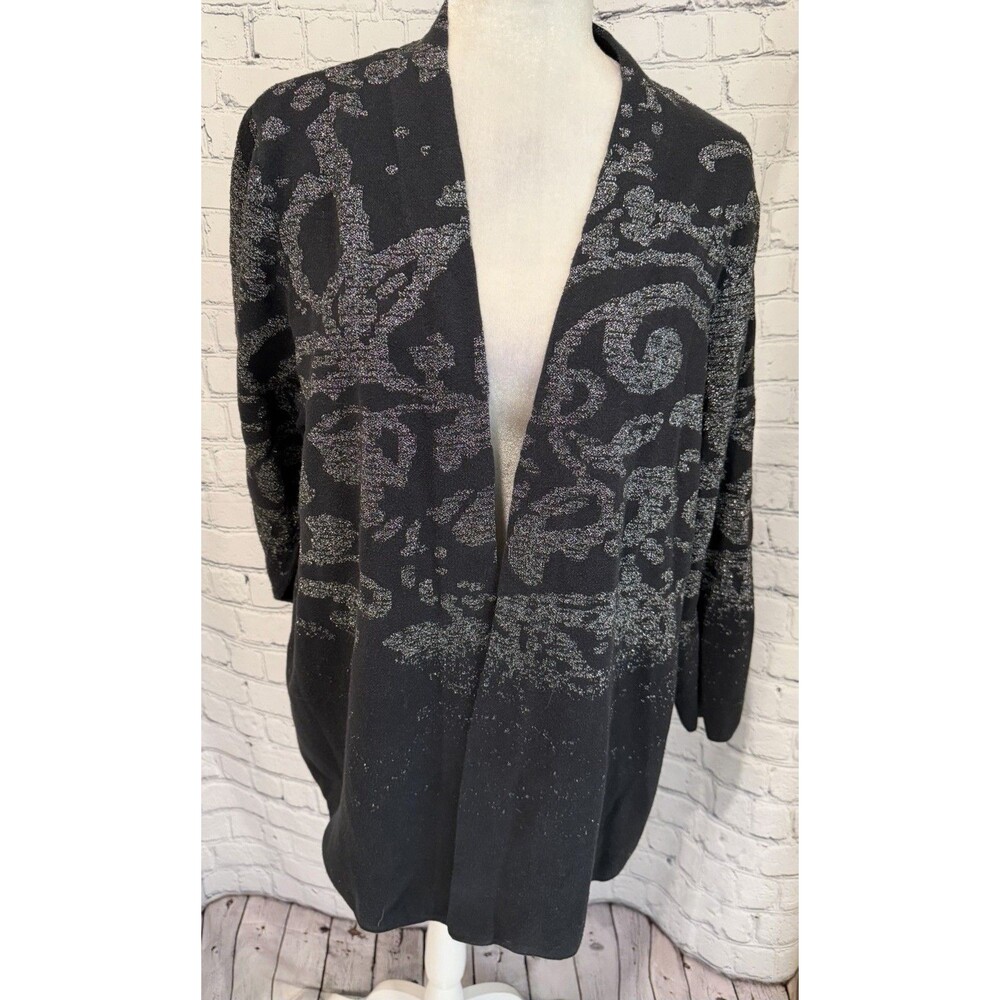 Chico’s Metallic Jacquard Black & Silver Long Sleeve Sweater Blazer Size 4 XXL